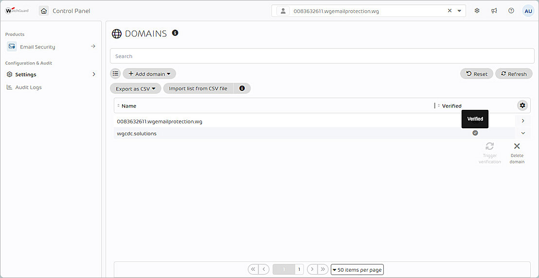 Screenshot of the WatchGuard Email Protection trigger domain verification